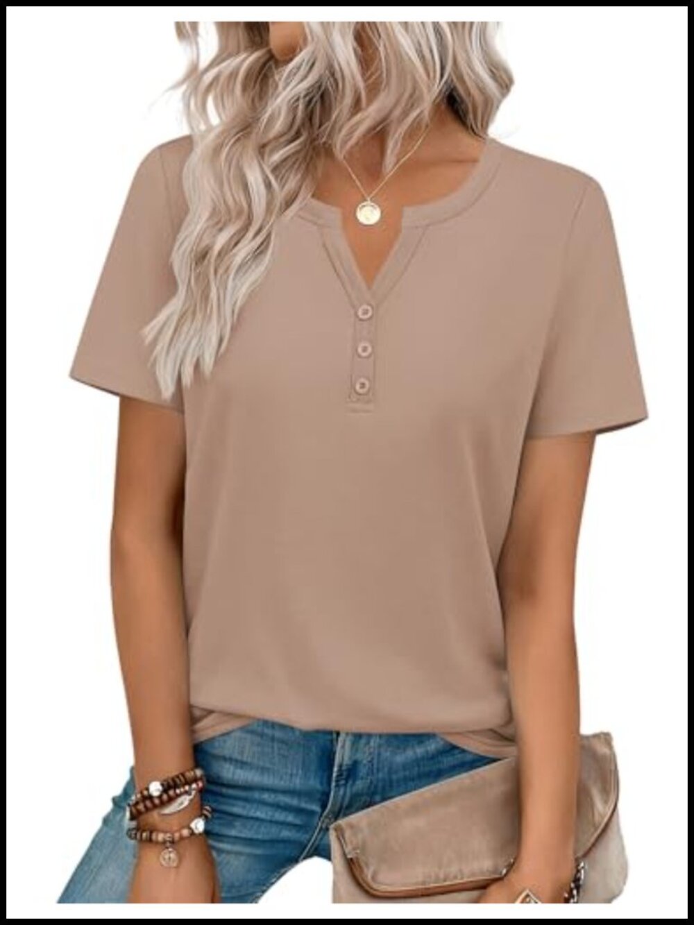 Zeagoo Womens Summer Top V Neck Henley Button Short Sleeve Blouse